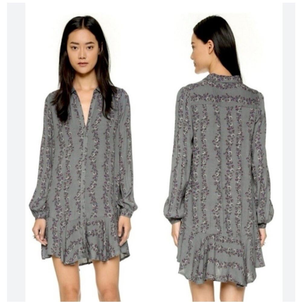 Free People Womens‎ Drop Waist Shirt Dress Size XS Blue Grey Floral Cottage Boho